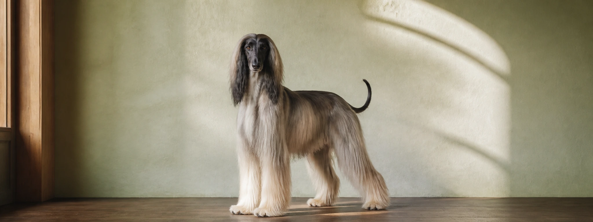 Illustrative long-coated Afghan Hound standing indoors